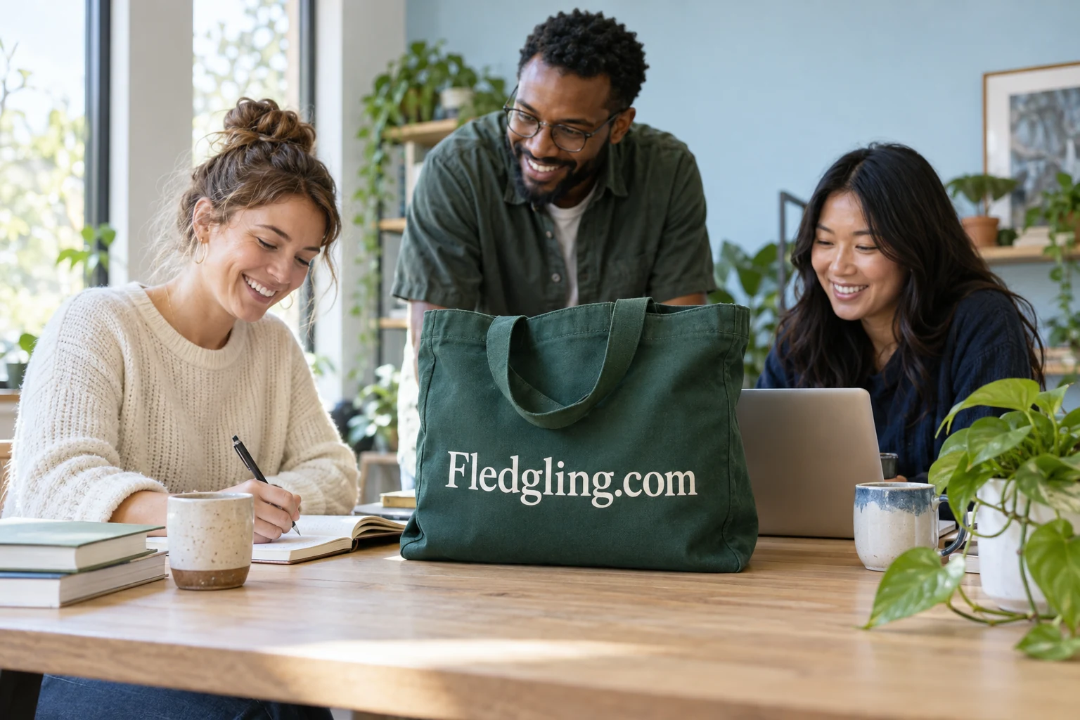 Adult learners sharing a welcoming workspace with Fledgling.com branding