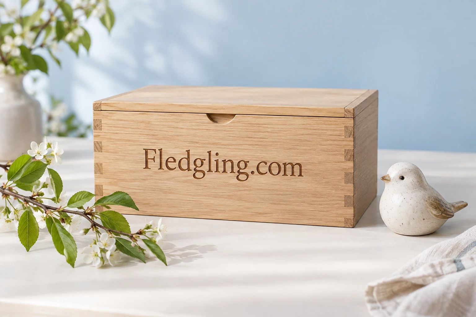 Fledgling.com branding on a considered workspace